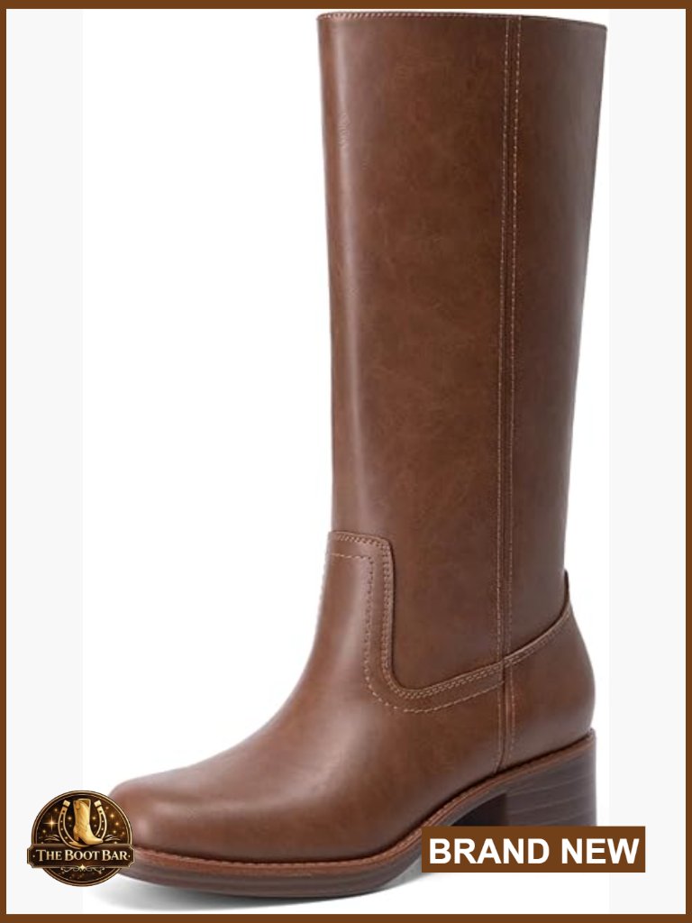 Mid Calf Square Toe Riding Boots Block Heel Pull On